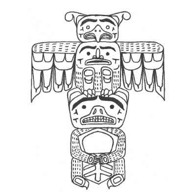 Line drawing of totem pole showing a bear holding a copper and a Thunderbird.