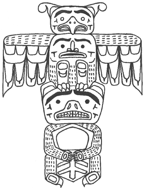 Line drawing for totem pole shows pattern and detail markings of Bear holding a copper and a Thunderbird.