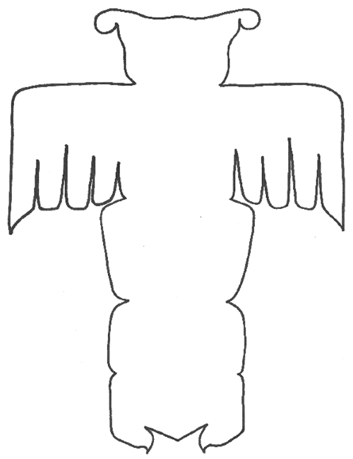 Line drawing for totem pole shows outline of Bear holding a copper and a Thunderbird.