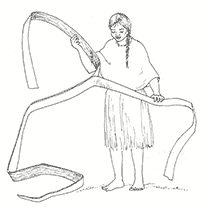 Line drawing of a young woman in historic clothing separating layers from a strip of cedar bark.