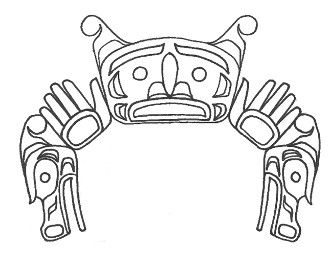 Line drawing shows a Sisiyutł or double-headed serpent with details of face, hand and serpent head.