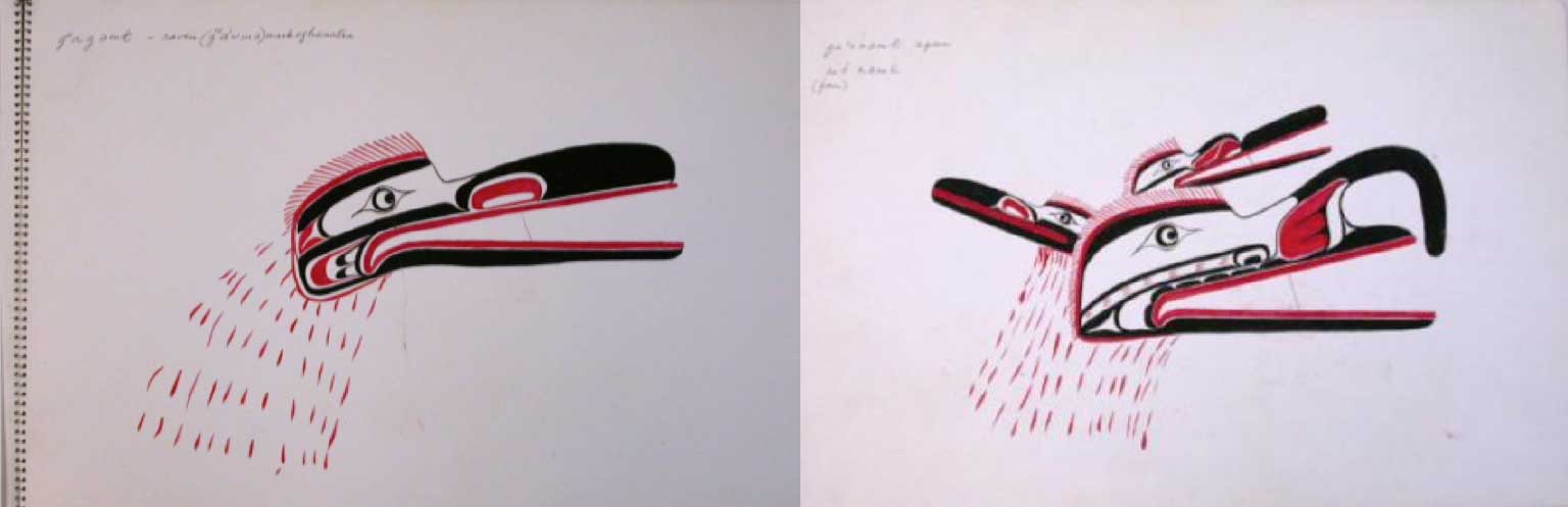 Two drawings in black and red from Mungo Martin's sketchbook of Raven-at-the-North-End-of-the-World and Four-faced Mask
