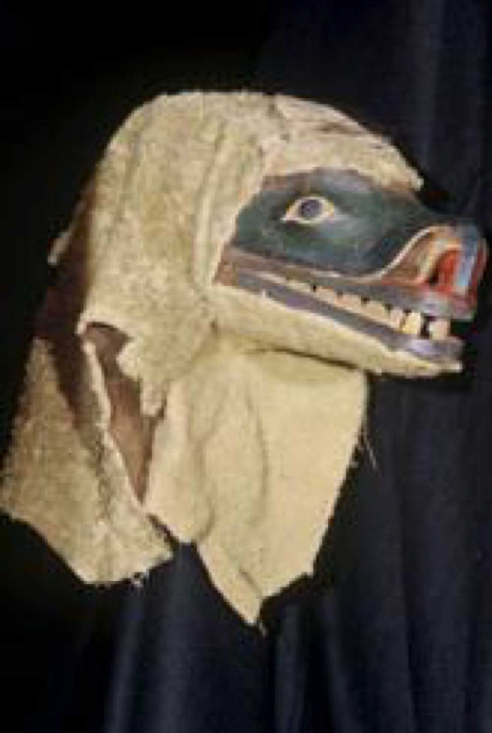 Photographie couleur du masque de Nanis, le grizzly des mers, ou 'Walas 'Watsi, le chien céleste, prise sur un fond noir