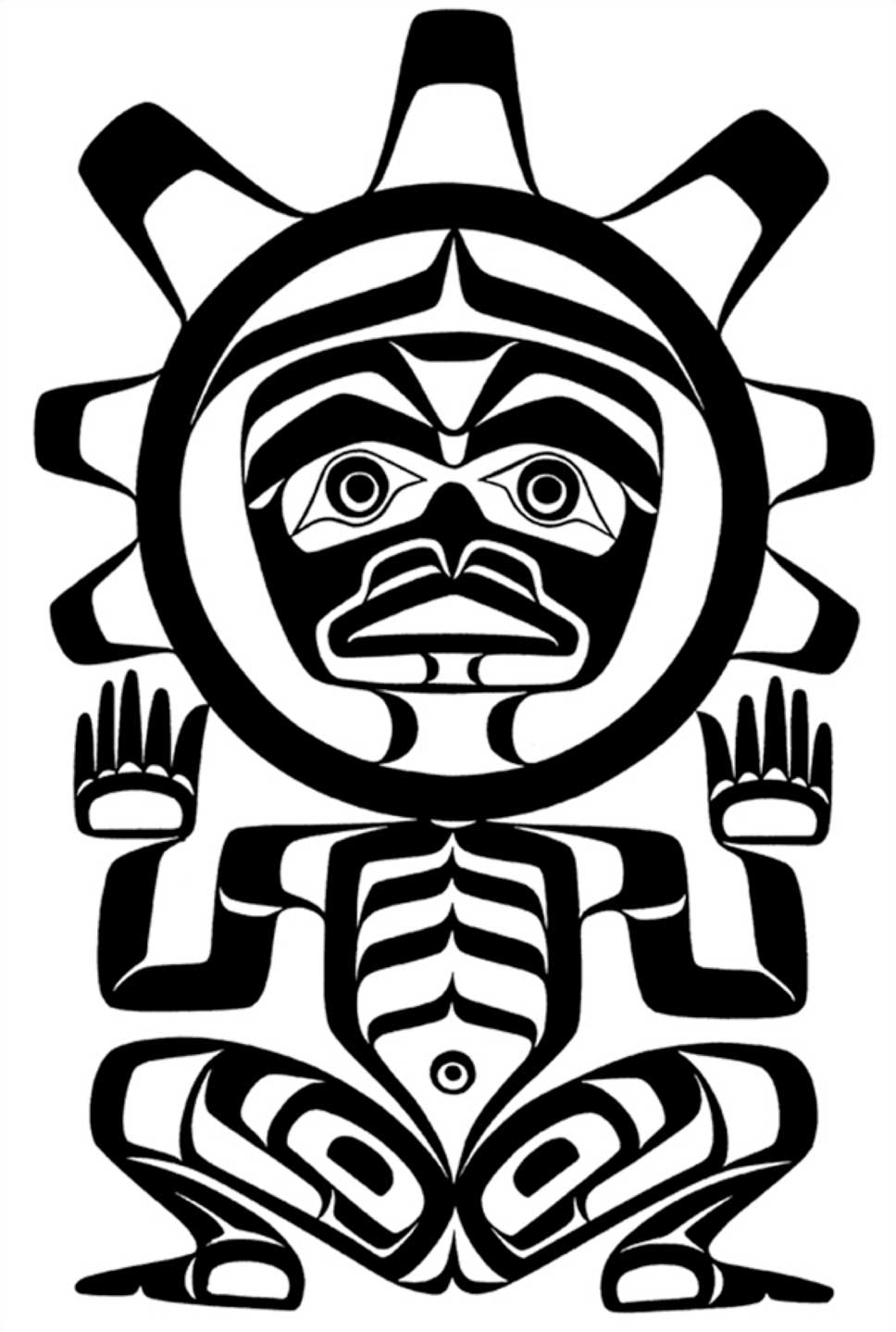 Dessin au trait noir montrant le logo de la Société culturelle U'mista, le soleil sous forme humaine