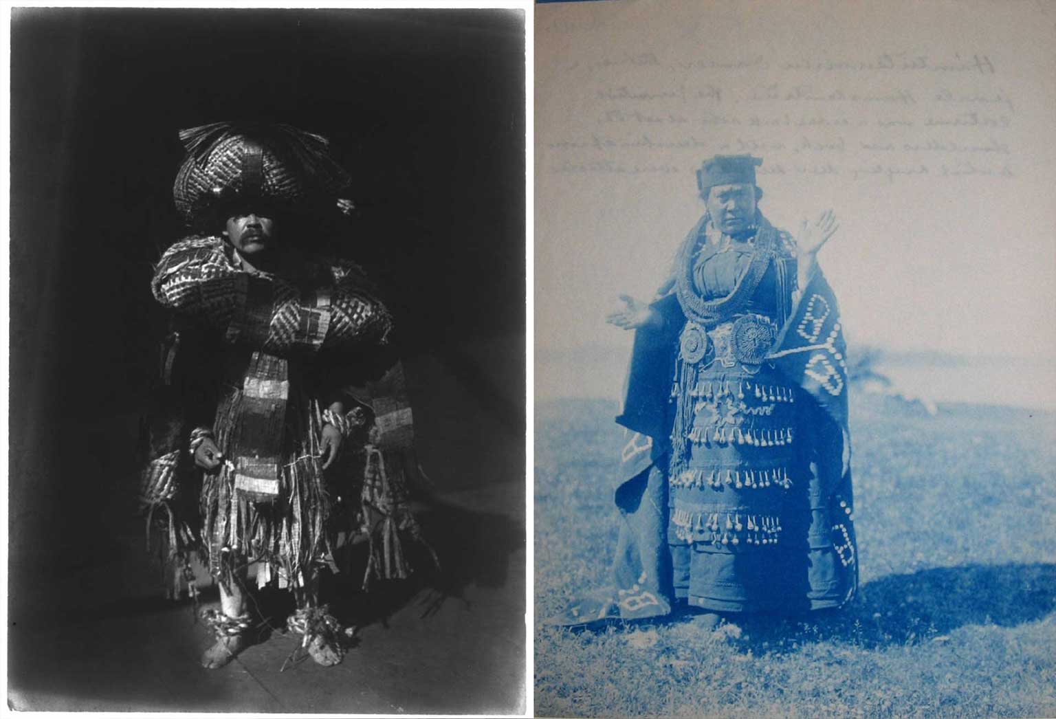 (Left) Sepia tone photograph by Edward Curtis of male dancer wearing cedar bark regalia of head neck and body rings. (Right) Faded blueish greyscale photograph of woman in dance apron with four rows of puffin beak rattles, button blanket and cedar neckring.