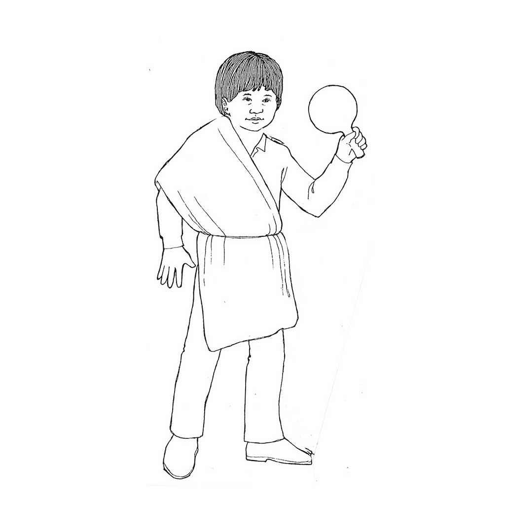Line drawing of Dłaxwi'mił an attendant who accompanies dancers on floor, young boy wears a tunic over shirt and pants, he carries a rattle.