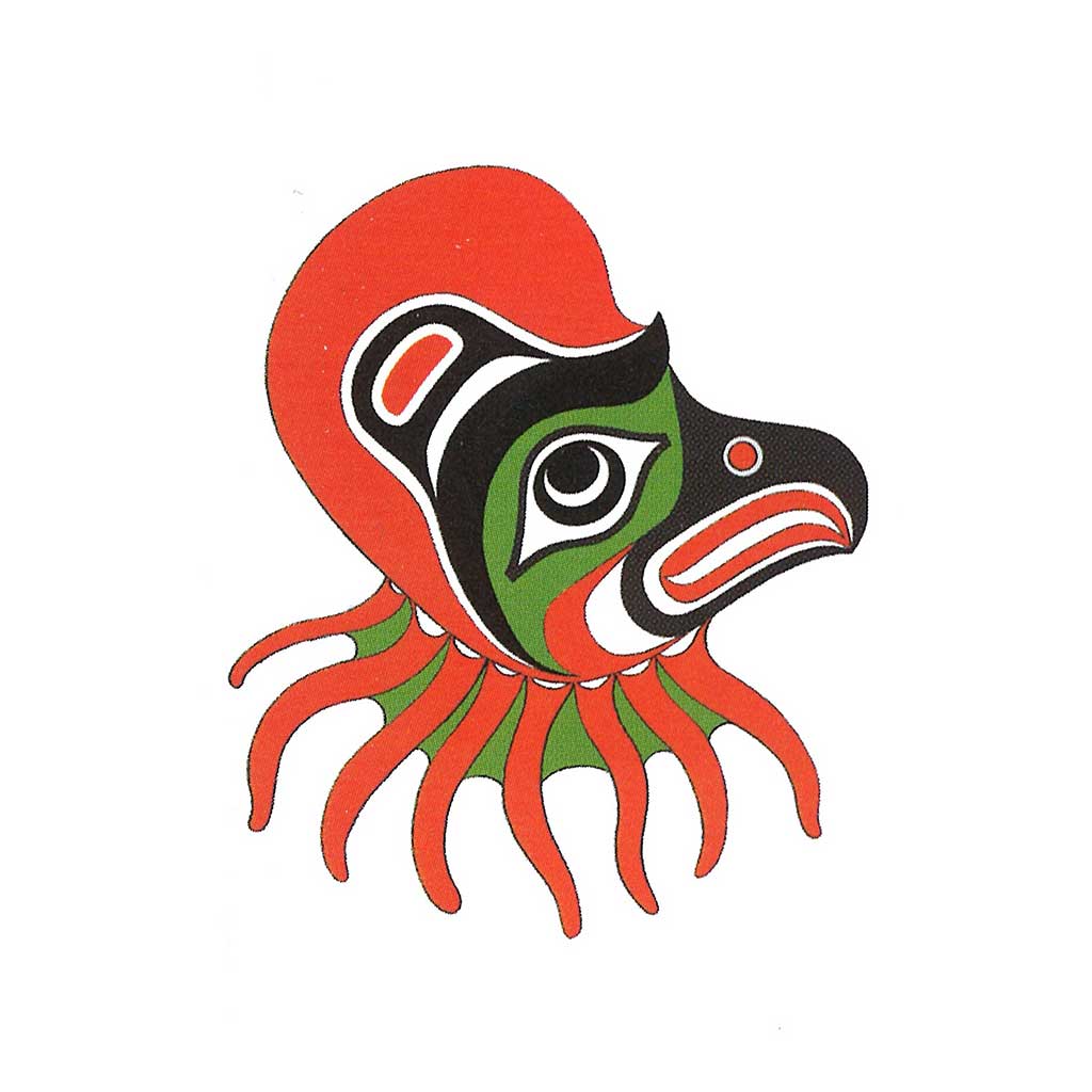 Dessin de pieuvre de couleur vive, au corps rouge orangé, des marques vertes et noires sur la tête et le visage, 8 tentacules.