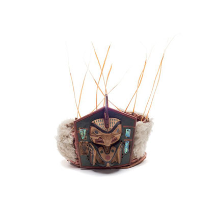 Yaxwiwe' or killer whale frontlet, pentagonal shape, sea lion whiskers and fur trim, abalone inlays.