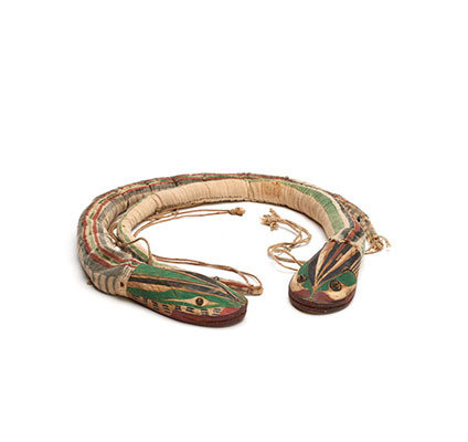 Belt in the shape of a snake in two parts, with two heads, striped cloth band, carved wooden heads, tied with cords