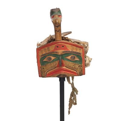 Łałkuxwiwe' or mallard headdress features a mallard head and neck projecting above the hawk face frontlet, carved wooden feathers and wing