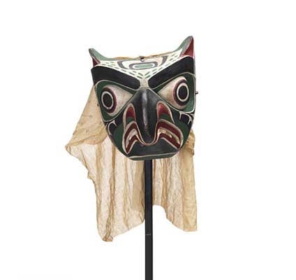 Daxdaxalułamł or Owl Mask, brightly coloured and patterned in black, red, green and white, cotton head covering.