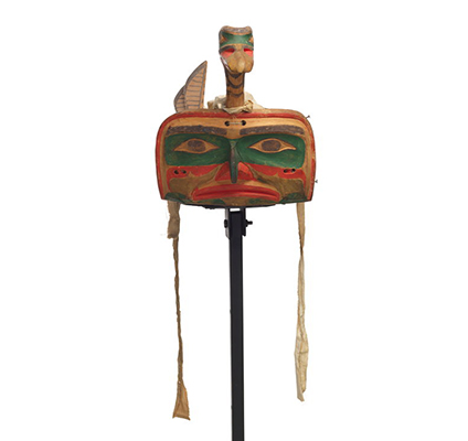 Łałkuxwiwe' or mallard headdress features a loon head and neck projecting above the hawk face frontlet, carved wooden feathers and wing