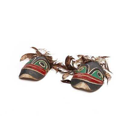 Kneecaps with frog faces, feathers attached, part of Bak´was costume, black and green with red mouth