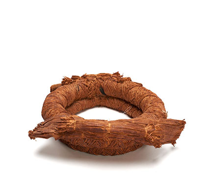 Tłagakwame' or cedar bark headpiece, comprising two bands of woven cedar bark sewn together, two bundles of cedar strips at front and back.