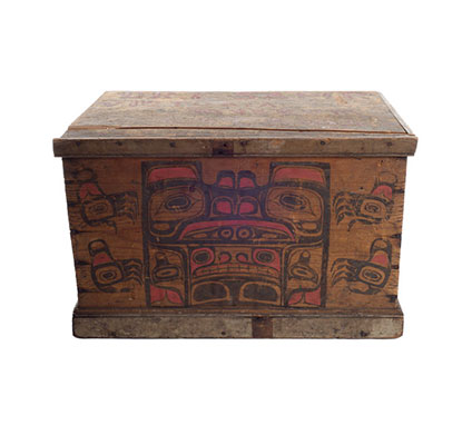 A Kawatsi or Treasure Box with lid, cedar with black and red ornamentation.