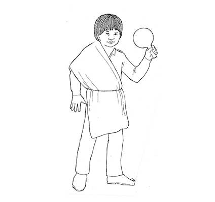 Line drawing of Dłaxwi'mił an attendant who accompanies dancers on floor, young boy wears a tunic over shirt and pants, he carries a rattle.