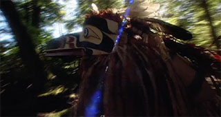 A masked dancer in ceremonial regalia moves quickly through a shaded forest.