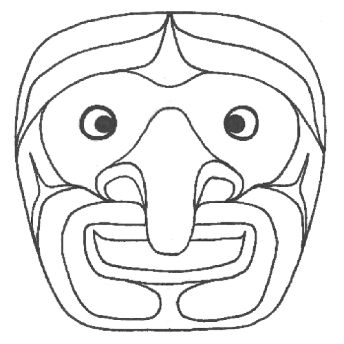 Line drawing shows the details and facial features for a  Nułama Fool Dancer mask.