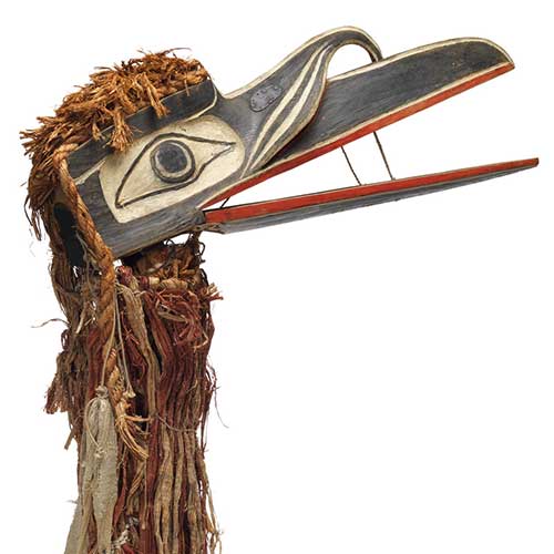 Mystical raven mask with long hinged beak, black, white and red painted markings with braided cedar back, top and below.