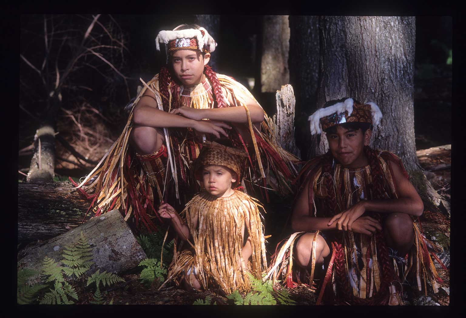 Trois jeunes danseurs Hamatsa en tenue et coiffe d'écorce de cèdre, de longues franges d'écorce rassemblées au cou, posant dans un cadre forestier