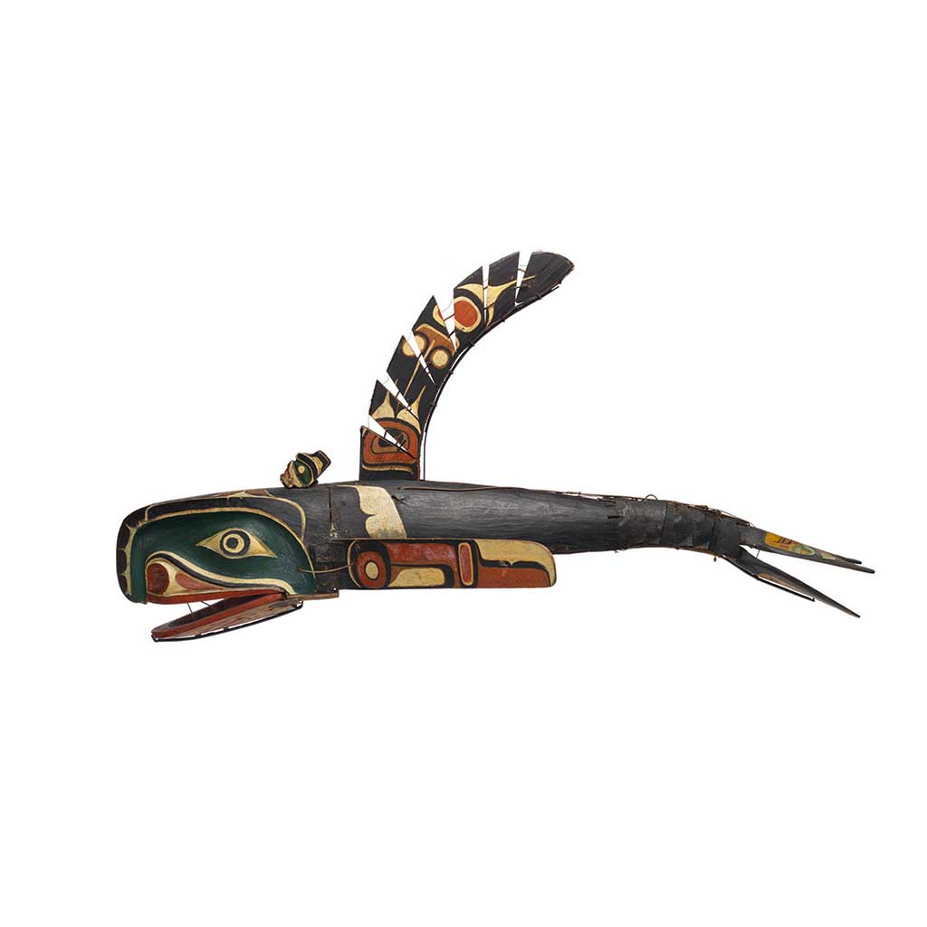 A large Maxinuxw or killer whale mask, numerous carved and hinged parts - dorsal fin, side fins, jaw and fluke, brightly painted black, green, red and white.