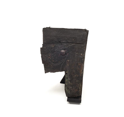 T'lakwamut or fragment of copper, heavily worn, likely broken from a larger copper, remaining top right section, riveted pieces with faint inscription.
