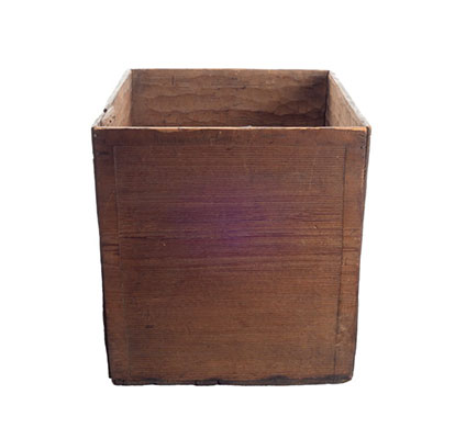 Kawatsi or Bentwood box, made of cedar, simple design of carved horizontal lines with a 5-7cm border of plain wood.